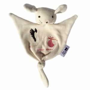 Doudou souris bio, motif cigogne rose, 28 cm