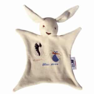 Doudou lapin Bio, motif cigogne ciel, 25 cm
