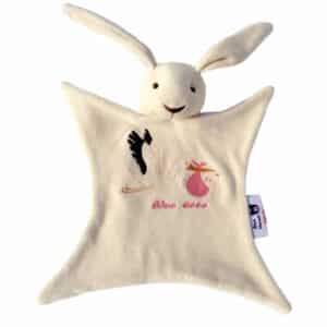 Doudou lapin bio. motif cigogne rose 25 cm