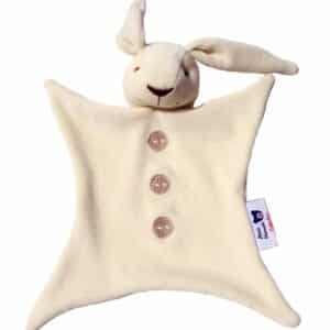 Doudou lapin bio naturel brodé boutons taupe, 25 cm