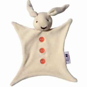Doudou lapin naturel bio, motif boutons orange, 25 cm