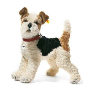 Chien Fox-Terrier Foxy mohair Blanc/brun/noir 35 cm