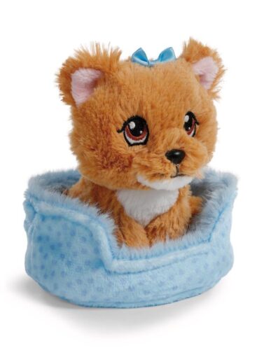 Chien Yorkshire assis dans panier bleu 12cm