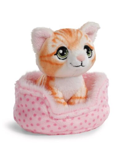 Chat tigré roux assis dans panier rose 12cm