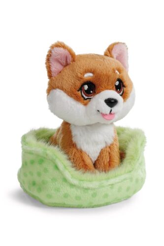 Chien Shiba Inu assis dans panier vert 12cm